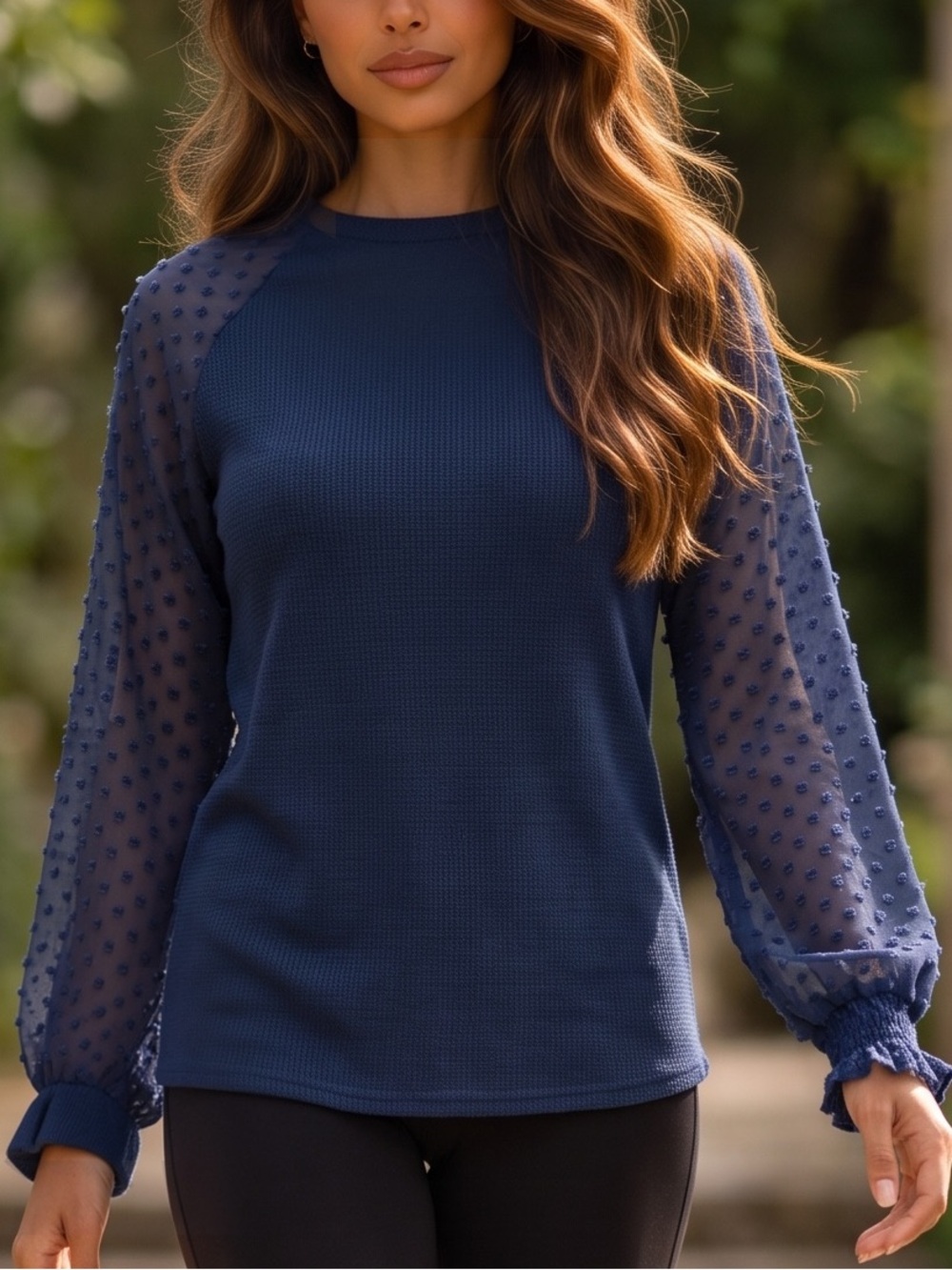 Michelle 29 Navy Long-Sleeve Knit Top with Sheer Dot Sleeves